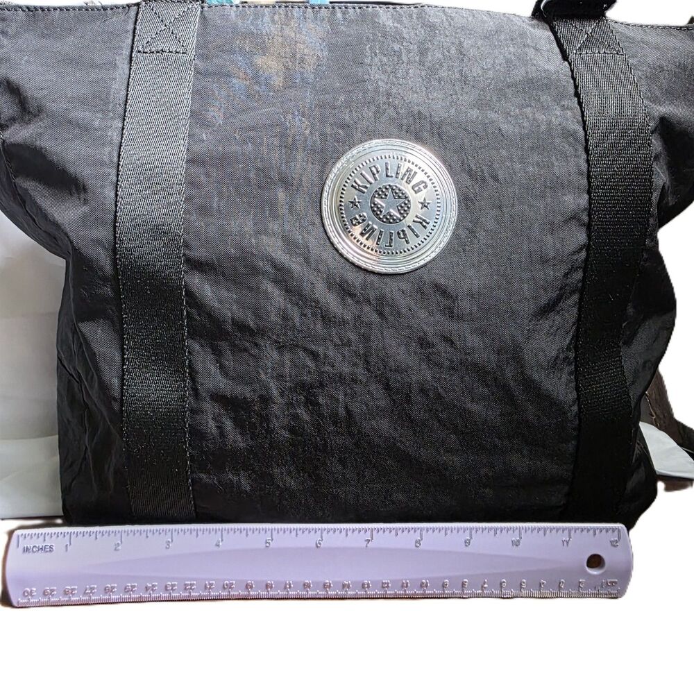 Kipling Black Crinkled Nylon Tote Bag Shoulder Purse Lightweight EUC - Picture 7 of 8
